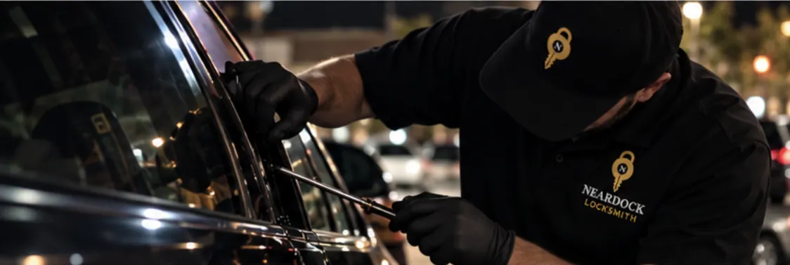 NEARDOCK Locksmith technician opening a locked vehicle at night in Phoenix
